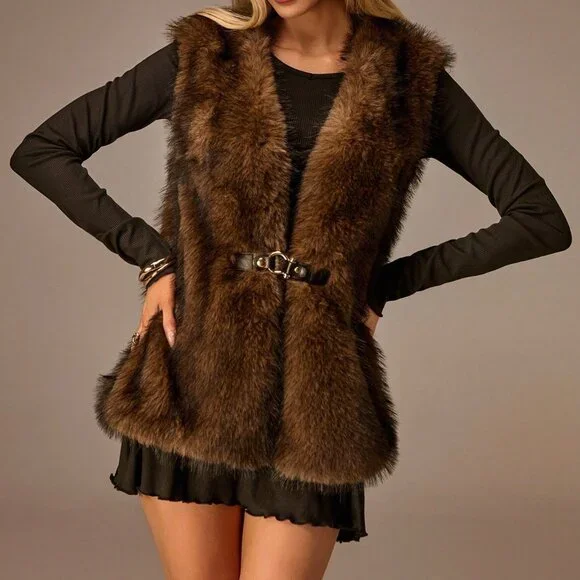 Brown Casual Women's Waist Buckle Faux Fur Vest Jacket - Picture 5 of 8